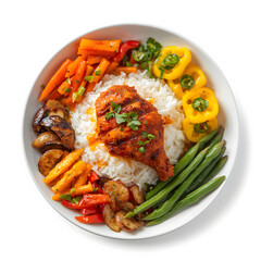 Fototapeta premium Delicious gourmet fried chicken with rice and fresh vegetables on a white plate