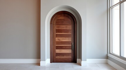 modern teak door with wood inlays, arched transom, minimal jambs with acoustic insulation.