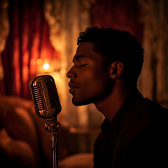 Soulful Musician Singing Passionately into a Vintage Microphone in a Dimly Lit Jazz Club