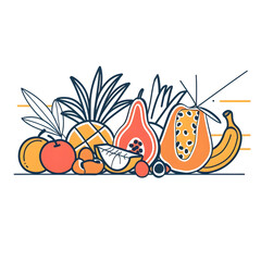 Modern Line Art Illustration of an Assortment of Fresh Tropical and Citrus Fruits