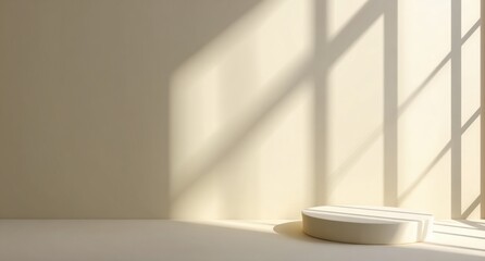 Beige room with round podium, sunlit shadows