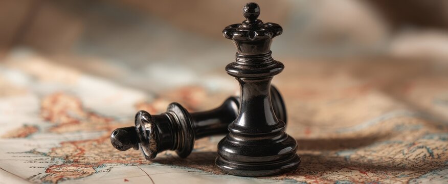 The elegant black chess pieces resting on an antique world map. - Powered by Adobe