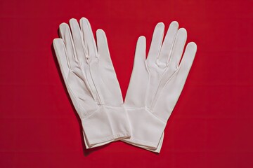 Obraz premium A pair of pristine white gloves, laid flat on a vibrant red background, showcasing their simple, elegant design and smooth texture