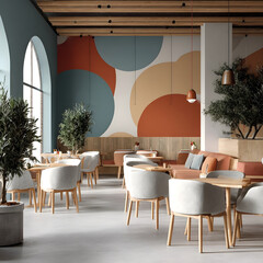 Interior of a Modern and Stylish Cafe with Chic Furniture and Abstract Wall Decor