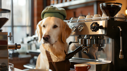 Humorous Photo of a Golden Retriever Dog Dressed as a Barista Behind an Espresso Machine
