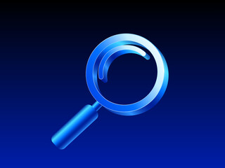 3D blue magnifying glass icon on a dark gradient background, symbolizing search, zoom, research, and investigation. 3d search icon in vector illustration. Vector illustration