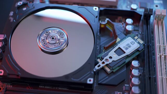 Closeup Hard Drive and SSD on Motherboard