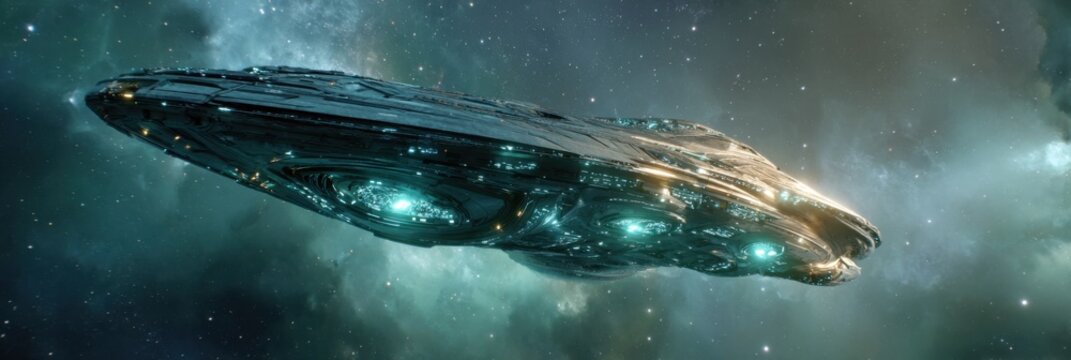 Futuristic, dark grey/silver spaceship in deep space - Powered by Adobe