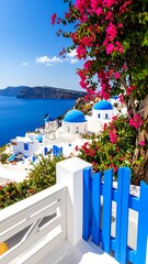 Obraz premium A picturesque view of whitewashed buildings and blue domes with a vibrant bougainvillea bush