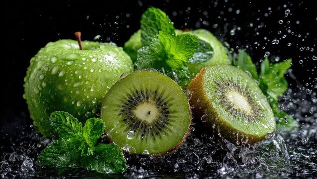 Fresh green apples and kiwi with mint leaves, water splashes
