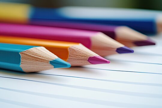 Detailed Picture of Colored Pencils Near Lined Notebook