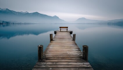 Fototapeta premium Tranquil lake scene with wooden pier and bench