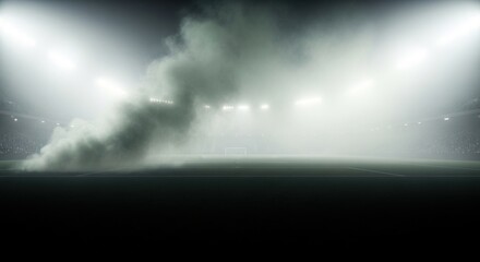 Fototapeta premium Empty Sports Stadium Field Shrouded in Thick Fog Under Bright Overhead Lights