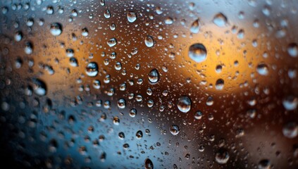 Water droplets on glass, reflecting a vibrant sunset