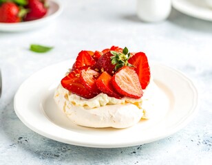 Fresh strawberry pavlova dessert on white plate