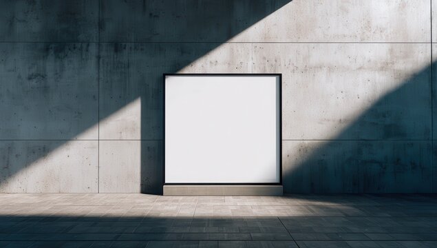 Vibrant photo of mockup of an empty, blank white poster frame on the wall of a modern concrete building, with shadows from sunlight and a shadow in front of it. the scene is.