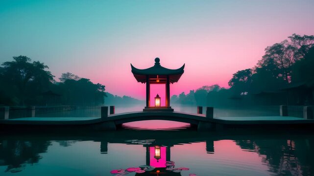 Chinese pavilion on bridge above lotus pond at sunrise