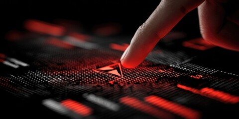 Close-up of a finger hovering over a glowing, stylized 'play' triangle on a dark textured surface with scattered red and white highlights