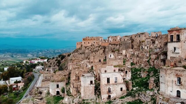 Picturesque daylight aerial perspective of medieval Craco ruins in Basilicata