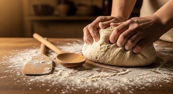 Person kneading bread dough on wooden table.