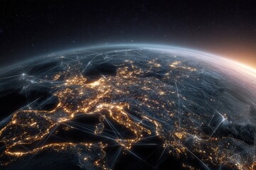 European continent at night, with city lights and network lines overlaid