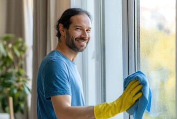 Smiling man in blue shirt washes a window with a blue cloth and yellow gloves, looks at the camera. Plant and blurry buildings in background