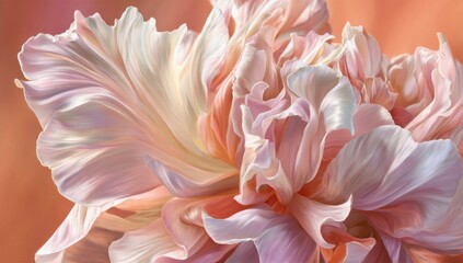 Close-up of a delicate, light peach and cream colored flower. Soft, flowing petals in various shades of pastel pink and peach, creating a swirling, textured pattern