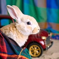 Cute baby rabbit in a plaid shirt, vintage car