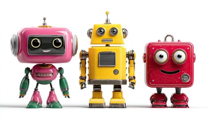 Fototapeta premium Three colorful cartoon robots in a row