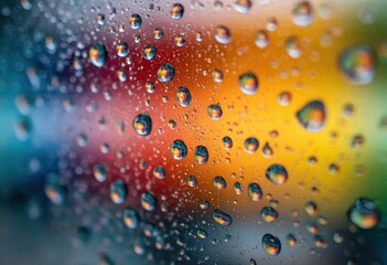 Water droplets on a window, reflecting a vibrant, colorful background