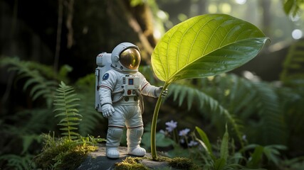 Space week and climate, Astronaut holding a giant green leaf in a forest
