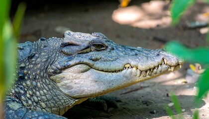 Close-up of a crocodile's head and snout, partially obscured by foliage