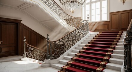 A grand marble staircase with an ornate wrought iron banister and a red carpet in a luxurious mansion.