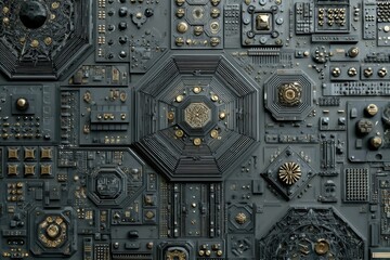 Fototapeta premium Abstract, intricate circuit board design with dark gray and gold accents. Geometric patterns, complex components