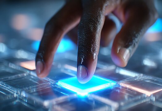 Close-up of a hand activating a glowing blue square button on a futuristic interface. - Powered by Adobe