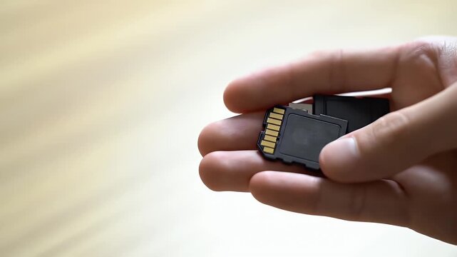 Hand Holding a Black SD Card Against a Neutral Background