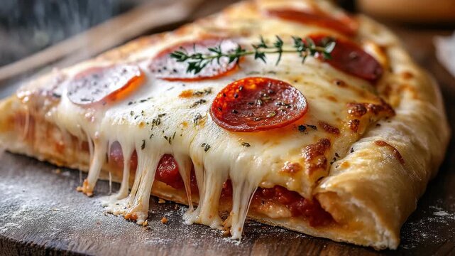 Experience the mouthwatering aroma of freshly baked pizza topped with pepperoni and fragrant herbs. The melted cheese stretches with every slice, tempting taste buds in a cozy setting.