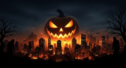 Fototapeta premium Halloween Pumpkin with Menacing Face Floating Over Cityscape at Night