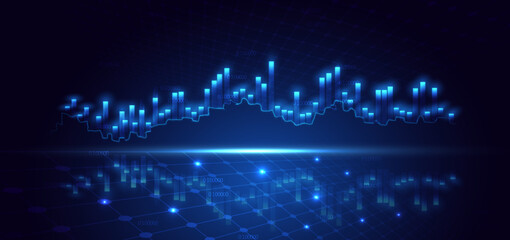 Finance chart stock market growth glowing light effect on dark blue background.
