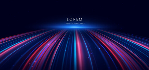Abstract futuristic glowing neon multi color lines. Hi speed motion moving concept on dark blue background.