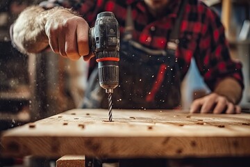 A Man Drills a Board with an Electric Drill in a Carpentry Workshop Closeup