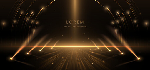 Abstract elegant gold glowing ray with lighting effect sparkle on black background.