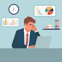 Businessman in office analyzing data charts on laptop, concept of stress and productivity