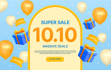 10.10 super sale promotional poster with balloons, gift boxes, and coupon banners in a festive blue and gold theme. Modern vector design for seasonal discounts. 3d vector illustration. Vector
