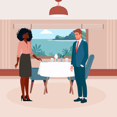 Business meeting between African American woman and Caucasian man in elegant restaurant setting
