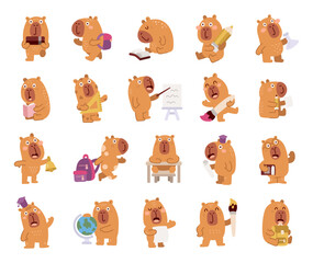Fototapeta premium Capybara school character set in scandinavian style with different emotions and poses including reading, studying, drawing, painting, teaching, knowledge, learning, education, student, science