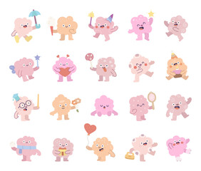 Cotton candy character set in scandinavian style with different emotions and funny poses including birthday, holiday, valentine, fairy, reading, studying, teaching, celebration, relaxing