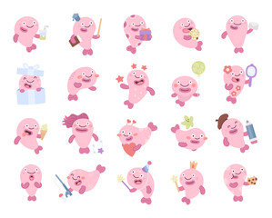 Blobfish character set in scandinavian style showing different emotions and poses with holiday, celebration, birthday, magic, teacher, study, fishing, fashion, dessert, beverage, valentine