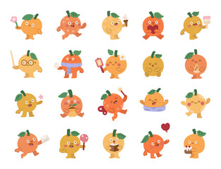 Fototapeta premium Orange character set in scandinavian style showing many different emotions and poses with food, dessert, holiday, valentine, studying, fairy, celebration, resting, swimming, birthday
