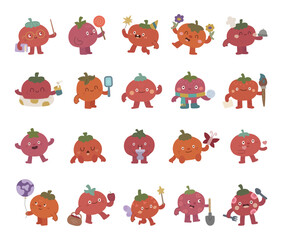 Tomato character set in scandinavian style showing many different emotions and funny poses with holiday, celebration, birthday, cooking, study, painting, gardening, fairy and valentine